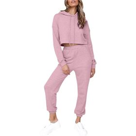 2 Piece Outfits for Women Crewneck Long Sleeve Crop Tops and Wide Leg Pants Sets (Color: Pink, size: S)