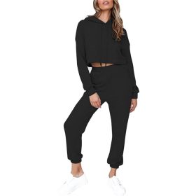 2 Piece Outfits for Women Crewneck Long Sleeve Crop Tops and Wide Leg Pants Sets (Color: Black, size: L)