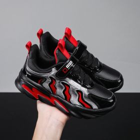 Children Shoes Boys Running Shoes Casual Kids Sneakers Leather Sport Shoes Fashion Boys Autumn Children Sneakers for Boys (Color: Black red, size: 28)