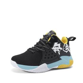 Boys Basketball Sport Shoes Children Running Sneakers Kids Non-Slip Tenis Sneakers Breathable Mesh Casual Shoes Girls Walking (Color: Black yellow moonlig, size: 31)