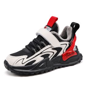 2022 Kids Sneakers Girls Boy Autumn Winter Plus Fleece Warm Tennis Shoes Running Children Casual Walking Shoes (Color: Black red, size: 35)