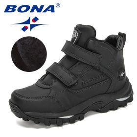 BONA 2020 New Designers Plush Children Casual Sports Shoes High Top Leather Lace Up School Running Shoes Kids Warm Snow Boots (Color: Black silver gray, size: 4)