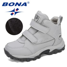 BONA 2020 New Designers Plush Children Casual Sports Shoes High Top Leather Lace Up School Running Shoes Kids Warm Snow Boots (Color: Light gray dark grey, size: 5)