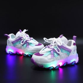 Children LED Glowing Shoes Baby Luminous Sneaker Boys Lighting Running Shoes Kids Breathable Mesh Sneakers Autumn Winter Shoe (Color: Purple, size: 28 (Insole 17.3cm))