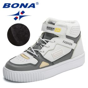 BONA 2022 New Designers Hig-top Breathable Sport Shoes Kids Soft Bottom Running Sneakers Children Plush Warm Winter Footwear (Color: WHITE DARK GREY, size: 4)