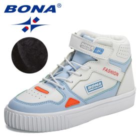 BONA 2022 New Designers Hig-top Breathable Sport Shoes Kids Soft Bottom Running Sneakers Children Plush Warm Winter Footwear (Color: White L moon color, size: 5.5)