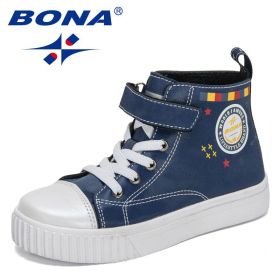 BONA 2021 New Designers Fashion High-top Sneakers Boys Girls Breathable Sports Running Shoes Children Walking Jogging Footwear (Color: Deep blue, size: 4.5)