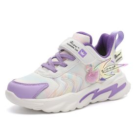 Kids Sneakers Lightweight Girls Running Sport Shoes For Girls Leather Tenis Casual Walking Shoes 3D Decoration Sports Shoes (Color: Purple, size: 28)