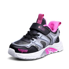 Winter Warm Plush Soft Children's Sneakers Girls Fashion Casual Outdoor Non-slip Running Shoes Girls Flat Tennis Sports Footwear (Color: Black, size: 32)