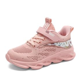 Boys Girls Breathable Flying Woven Sneakers Lightweight Comfortable Soft Non-slip Children Running Shoes Outdoor Casual Shoes (Color: Pink, size: 30)