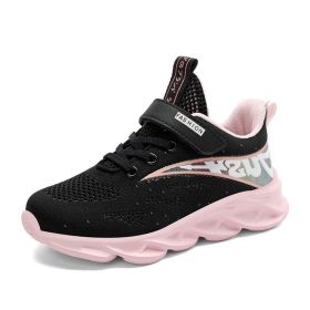 Boys Girls Breathable Flying Woven Sneakers Lightweight Comfortable Soft Non-slip Children Running Shoes Outdoor Casual Shoes (Color: Black, size: 29)