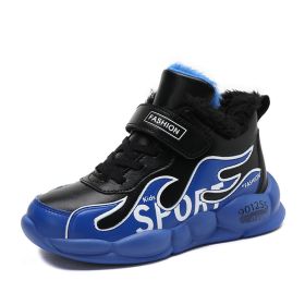 2022 Kids Running Shoes For Boys Leather Big Children Sneakers Winter Shoes Outdoor Warm Plus Fur Shoes Kids Light Tenis Shoes (Color: blue sneakers, size: 12.5)