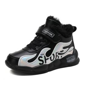 2022 Kids Running Shoes For Boys Leather Big Children Sneakers Winter Shoes Outdoor Warm Plus Fur Shoes Kids Light Tenis Shoes (Color: Black Sneakers, size: 6)