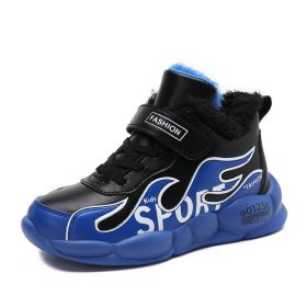 2022 Kids Running Shoes For Boys Leather Big Children Sneakers Winter Shoes Outdoor Warm Plus Fur Shoes Kids Light Tenis Shoes (Color: blue sneakers, size: 3)