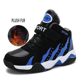 Waterproof Kids Sport Shoes High Top Boys Basketball Shoes Spring Autumn Leather Running Shoes Non-slip Sneakers Tenis Infantil (Color: blue shoes with fur, size: 1.5)