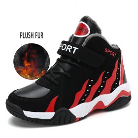 Waterproof Kids Sport Shoes High Top Boys Basketball Shoes Spring Autumn Leather Running Shoes Non-slip Sneakers Tenis Infantil (Color: red shoes with fur, size: 6)